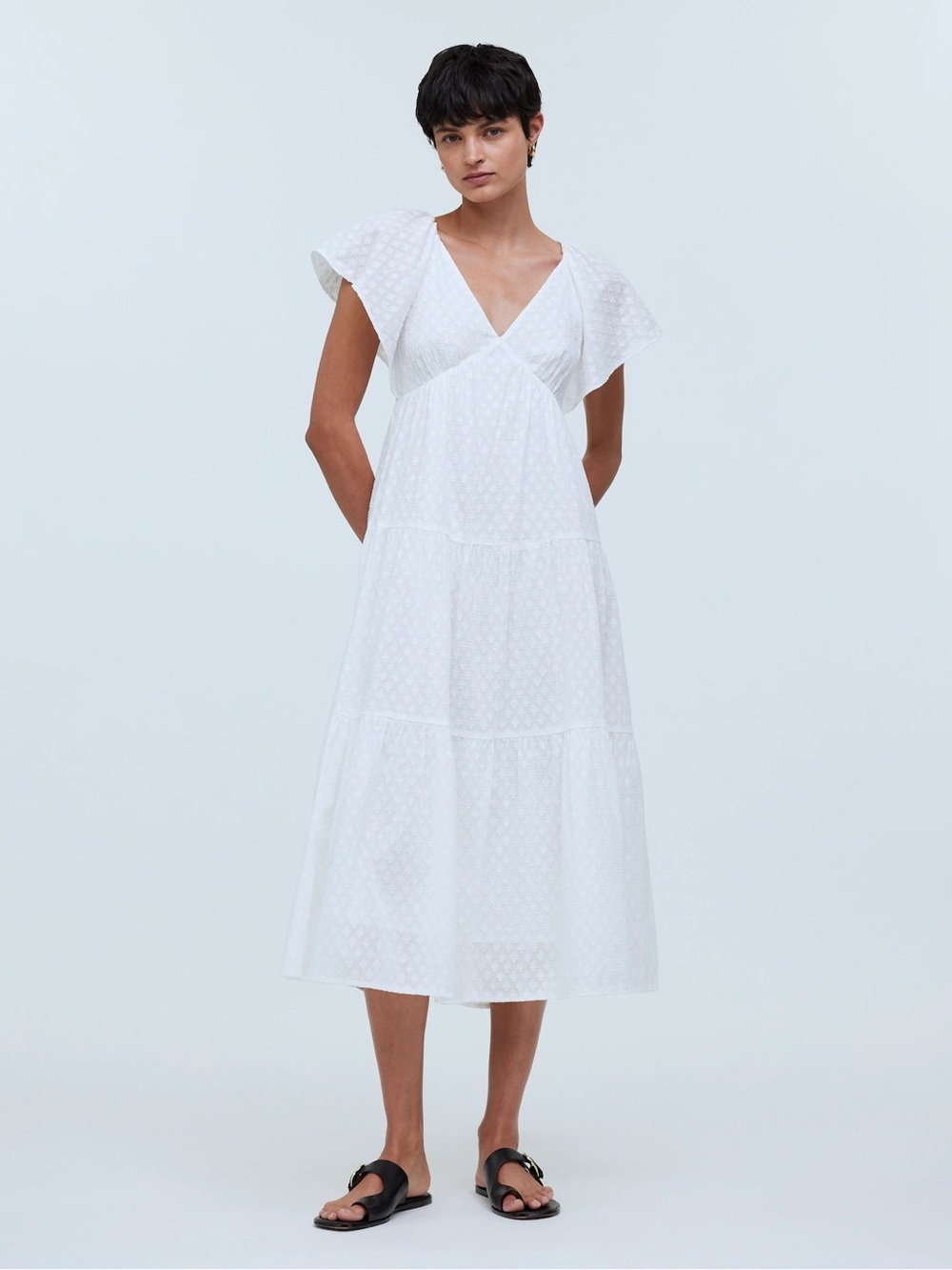 Madewell White Tie-Back Flutter-Sleeve Tiered Midi/Maxi Dress Size 6 Cotton EUC